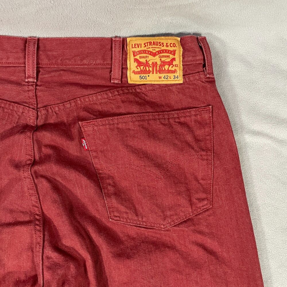 Levis 501 Jeans Mens 42x34 Red Straight Leg Button Fly Denim Pants Casual - Picture 13 of 15